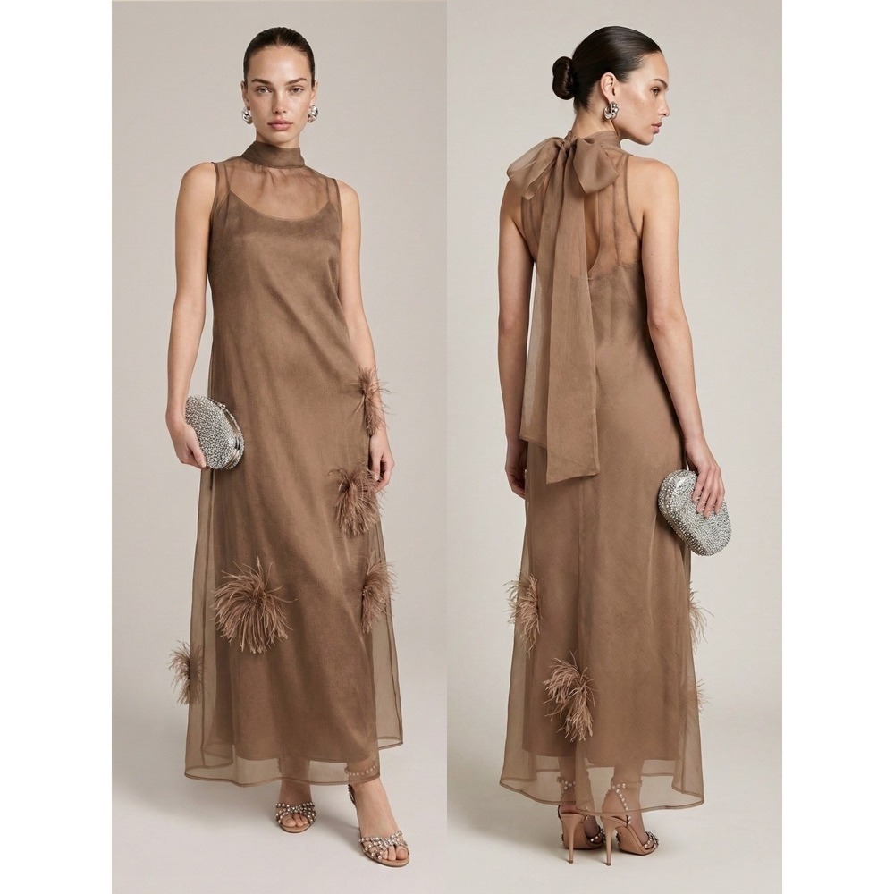 NWT o.p.t Naia Organza Tie Neck Maxi Dress in Oatmeal - Size XS